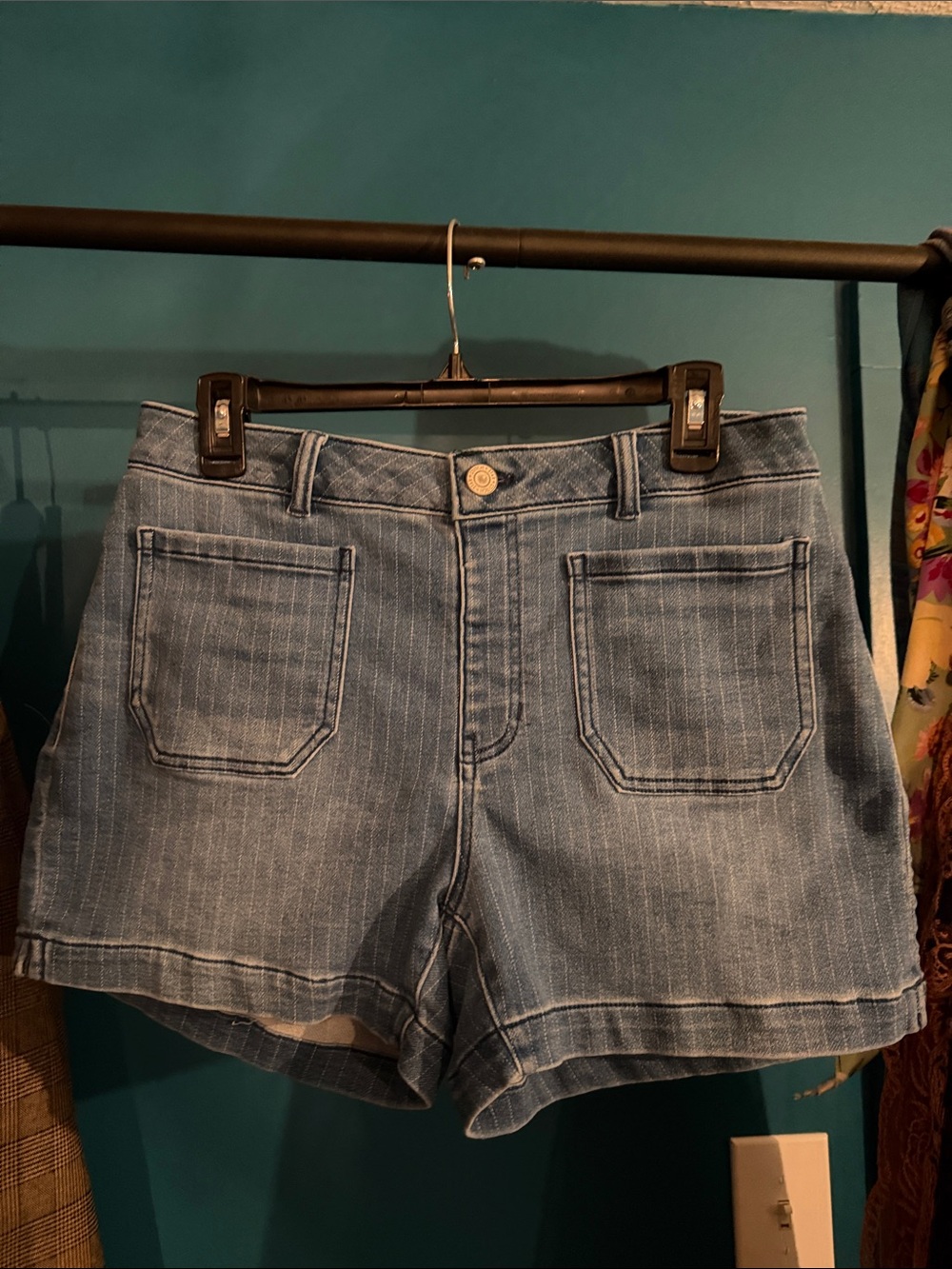 Striped Light Blue Denim Patch-Pocket Shorts